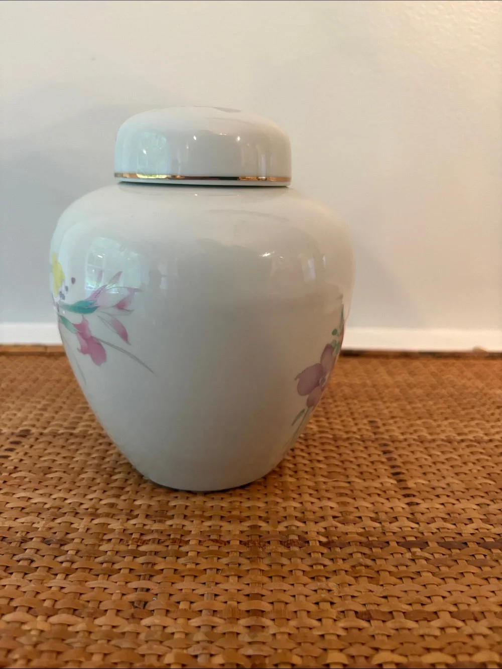 Srednick Collection Porcelain Ginger Jar, Made in Japan, Floral Motif, Gold Trim